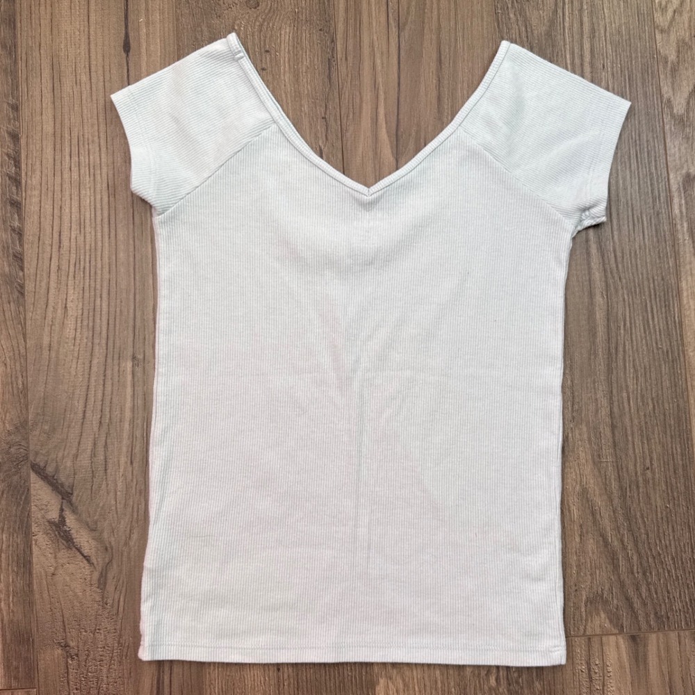 American Eagle Ribbed V Neck Cap‎ Sleeve Top Light Blue Womens Small - Picture 3 of 3